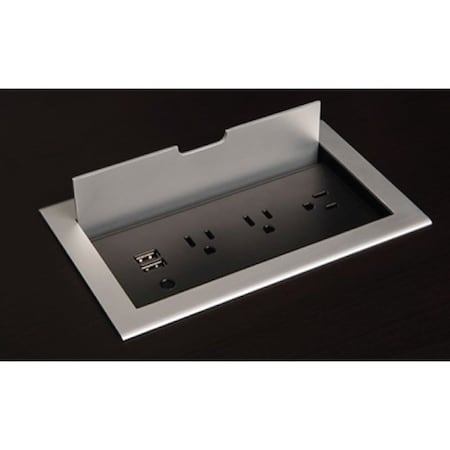 Brandstand Brandstand® CubieFlip® Concealable Flush Mount Desk Power Grommet - 3 AC Power Outlets - 2 USB Charging Ports - Silver BP8808-CF-SILVER